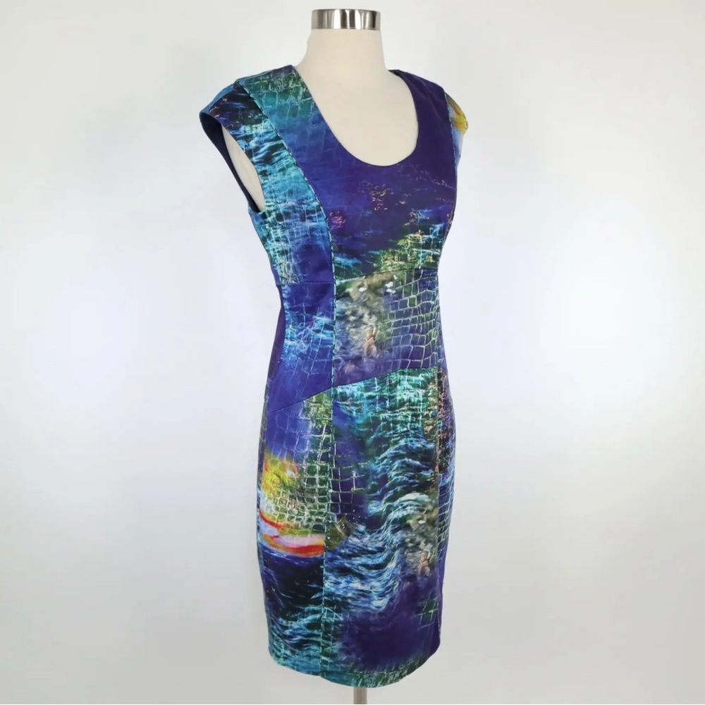 Rachel Roy Sheath dress Exposed Gold zipper turquoise snakeskin piping detail